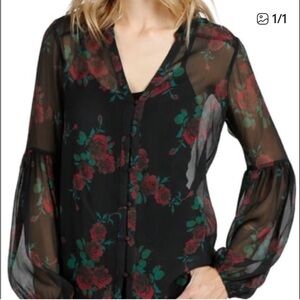 Paige Joplin Red Rose Floral Sheer Black Blouse dark romantic goth L